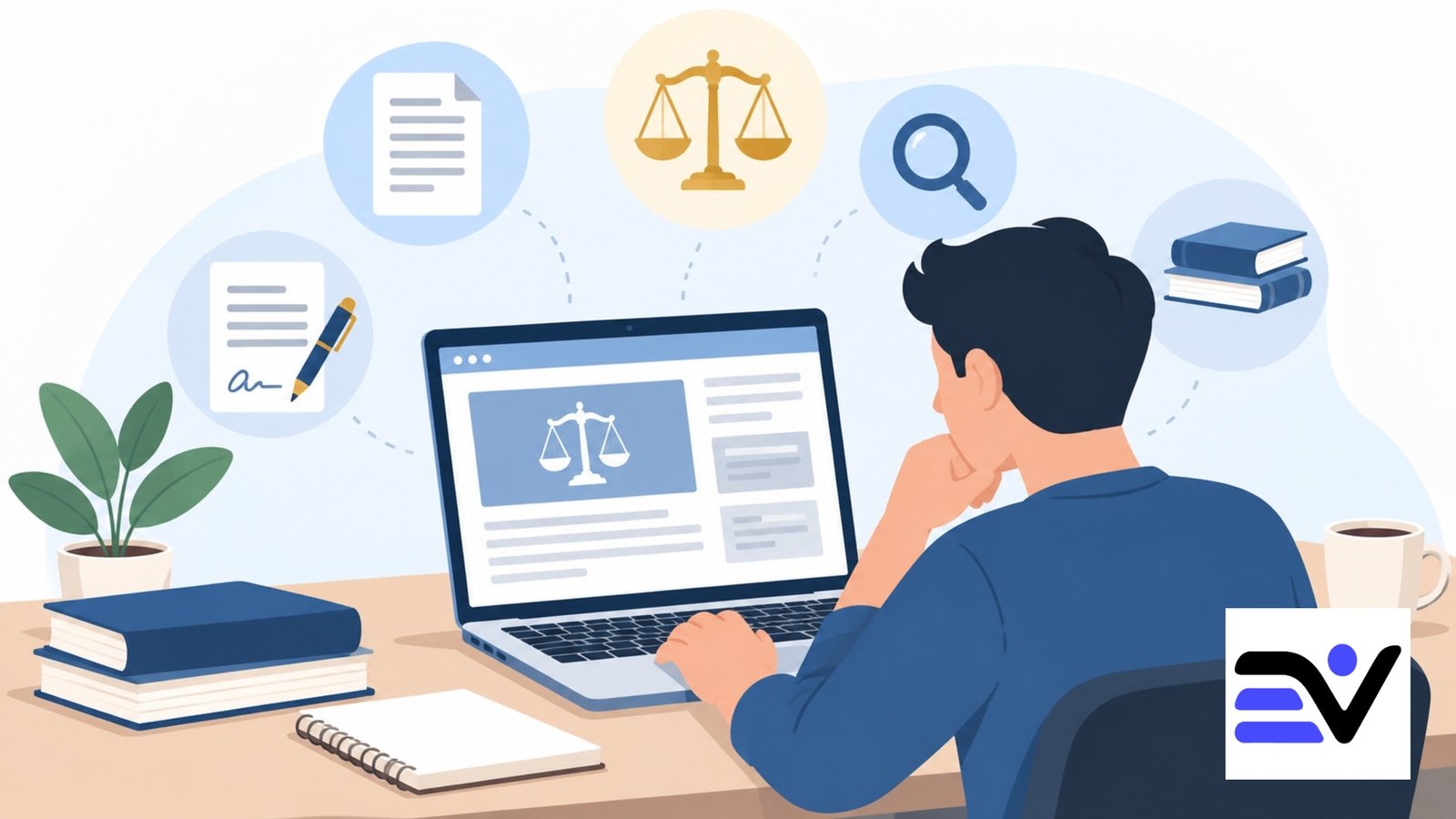 Flat illustration of comparing legal sources and checking reliability steps