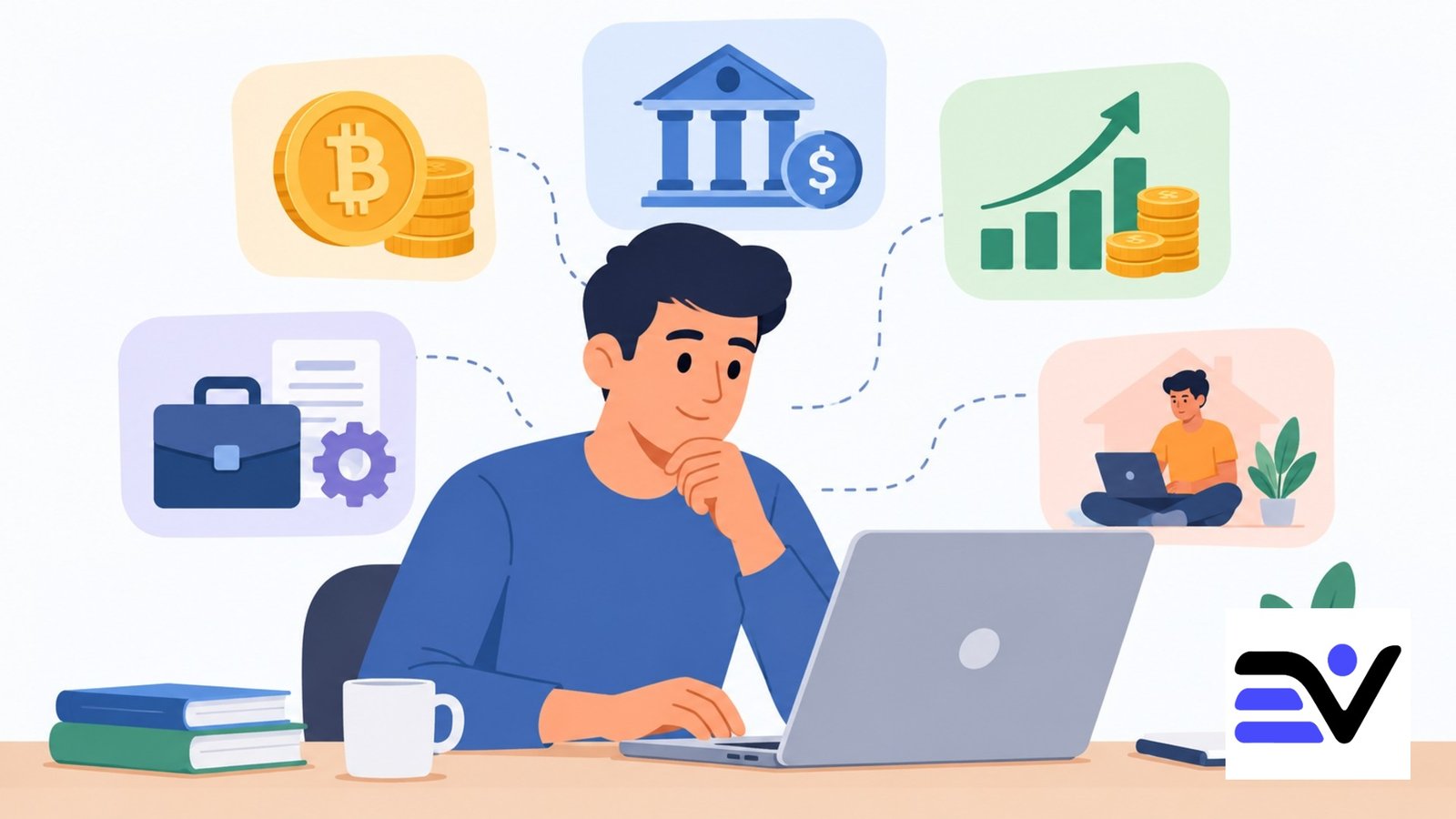 Digital finance research illustration covering crypto, banking, investing, and business