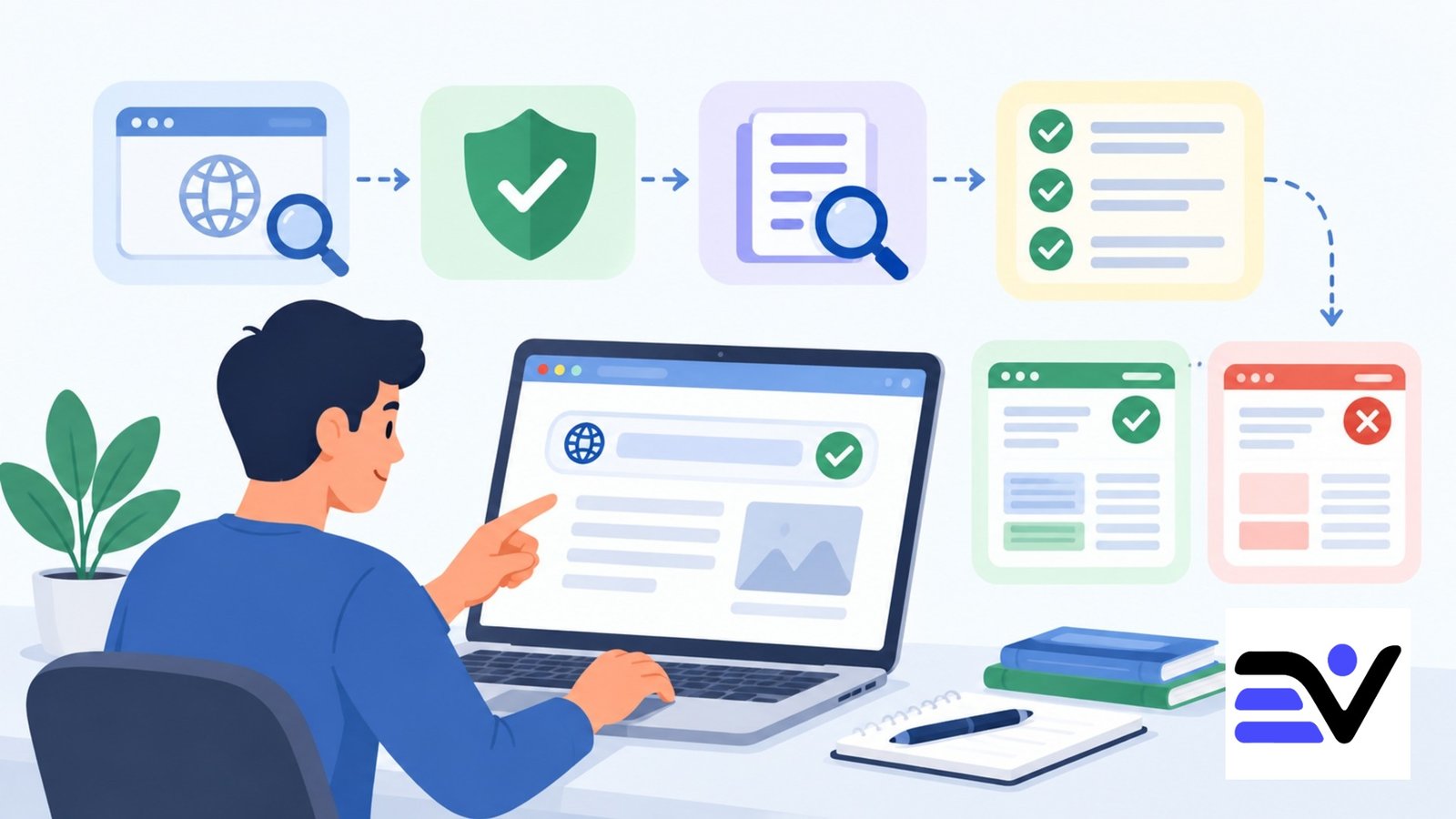 Step-by-step online finance research and website verification illustration