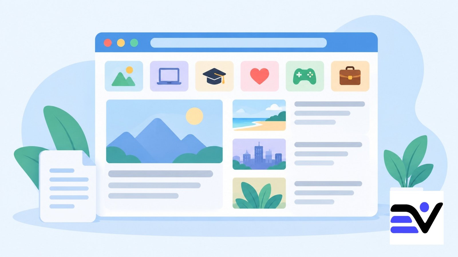 Flat illustration of a multi-topic content website and online publishing layout