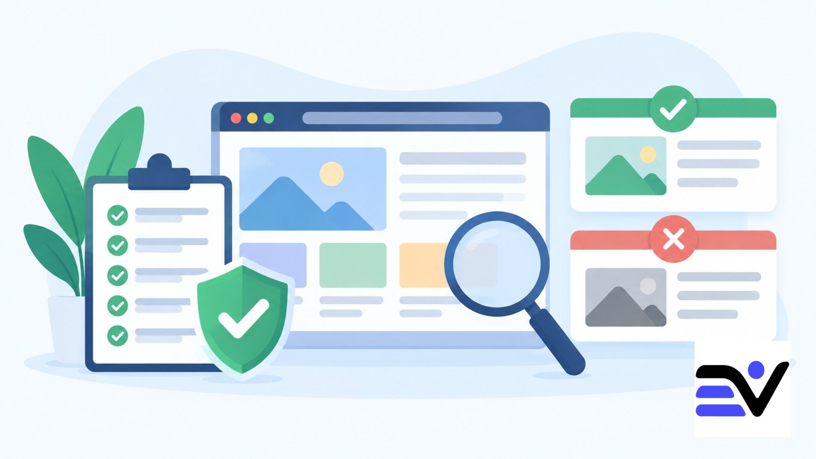 Flat illustration of checking website safety, transparency, and platform claims