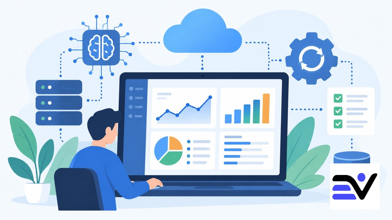Digital platform illustration showing AI, cloud computing, automation, and analytics