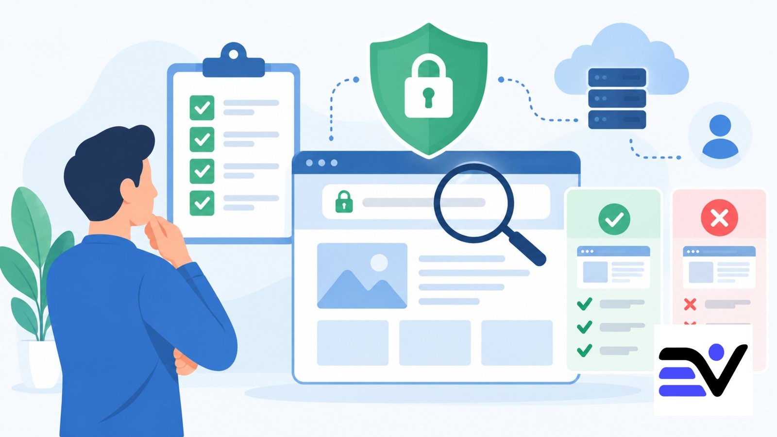 Illustration of checking platform safety, privacy, domain details, and trust signals