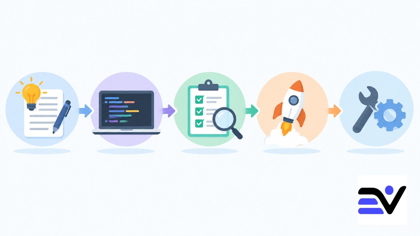 Minimal flat illustration of a software development workflow from planning to deployment