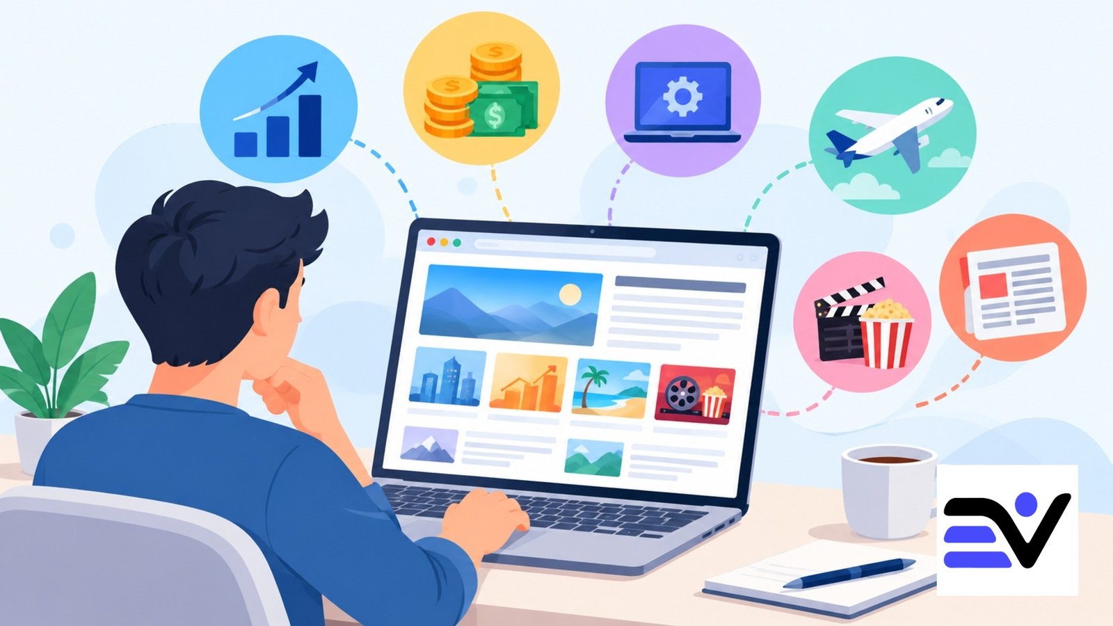 Reader exploring a multi-topic website covering business, finance, technology, travel, and entertainment