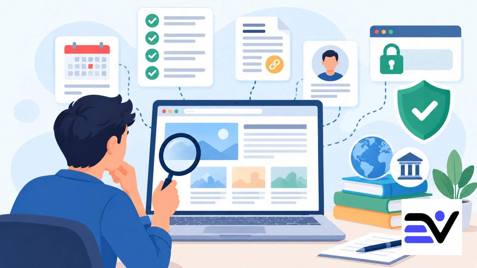 Illustration of checking article dates, sources, authorship, HTTPS security, and trusted references