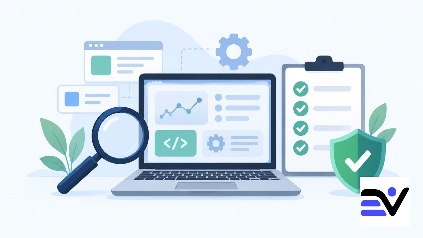 Minimal flat illustration of software testing with a laptop, checklist, and security elements